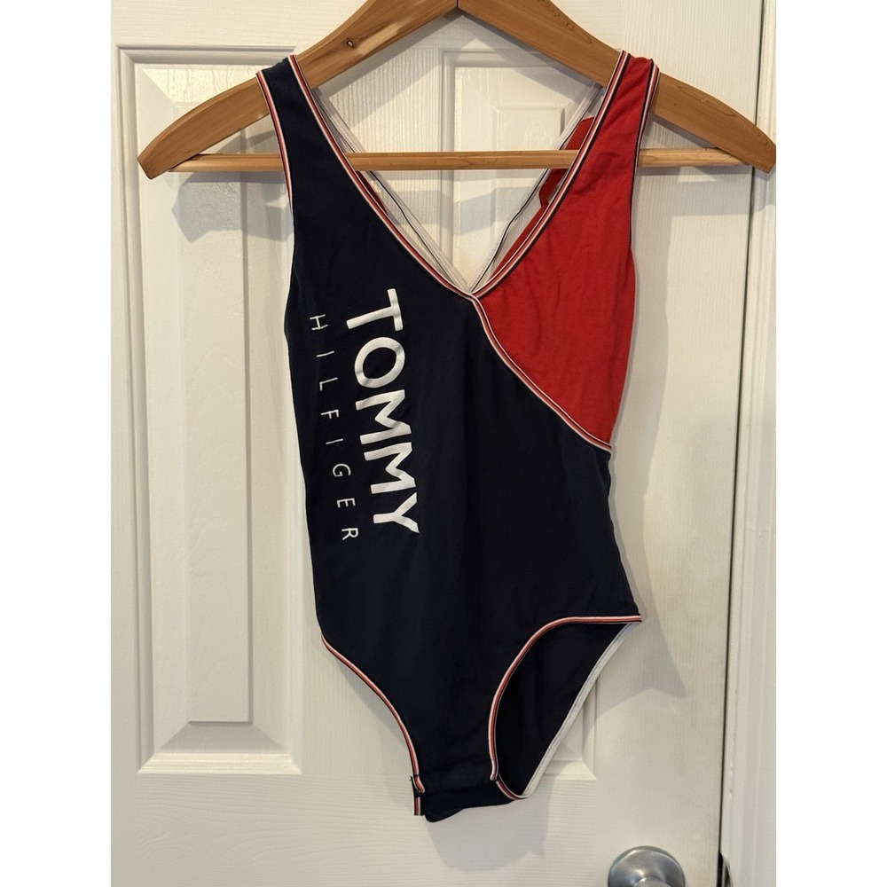 Tommy Hilfiger Women's Colorblock Cotton Stretch Sleeveless bodysuit Navy Red L